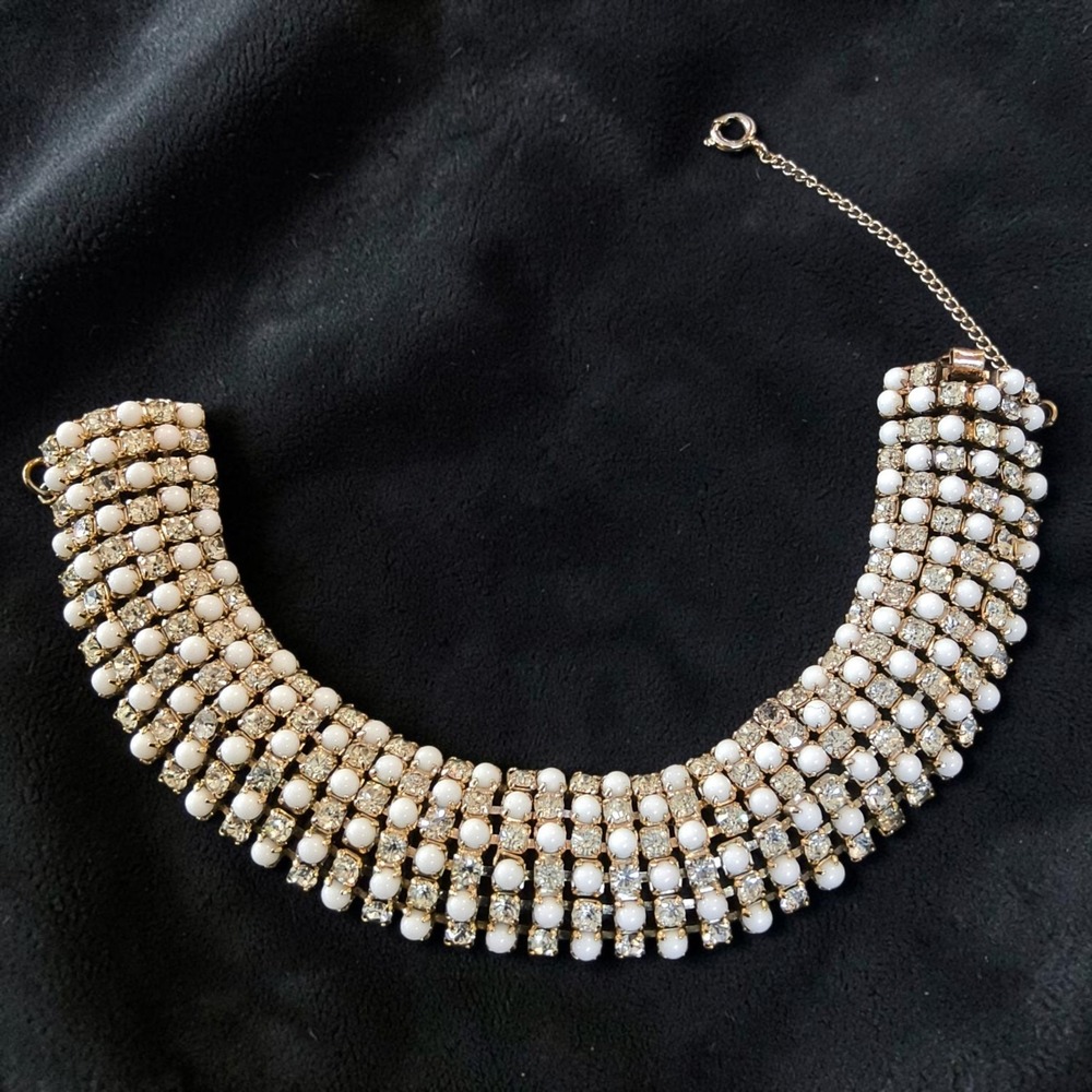 Vintage 1950s Milk Glass & Rhinestone Wide Bracelet With Safety Chain